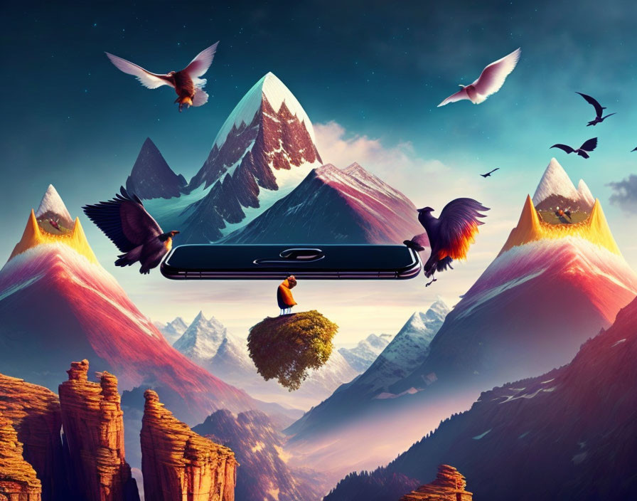 Surreal landscape featuring floating mountains, cliffs, and birds in twilight sky