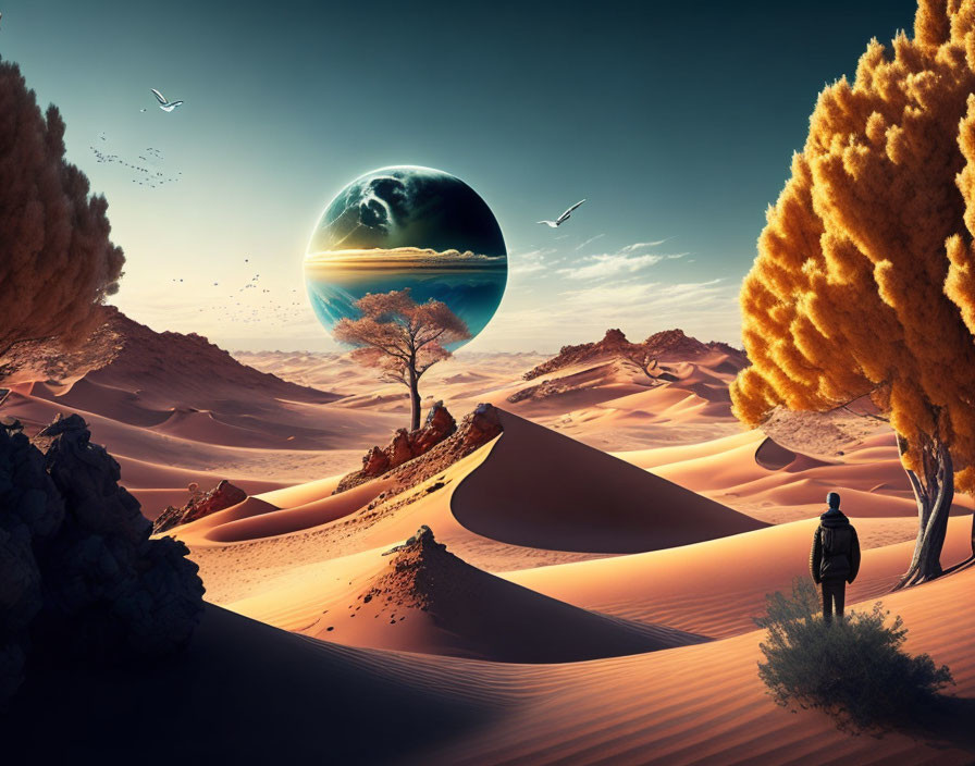 Person in desert with giant trees, sand dunes, and large planet in sky