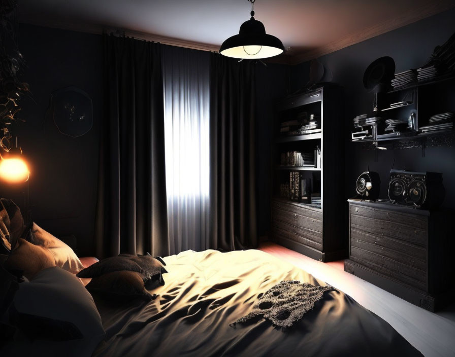 Modern bedroom with white comforter, dark curtains, backlit window, and bookshelf with stereo.