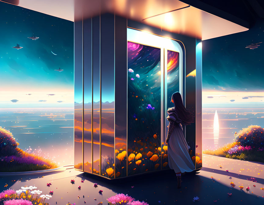 Woman at Futuristic Elevator in Surreal Underwater Landscape