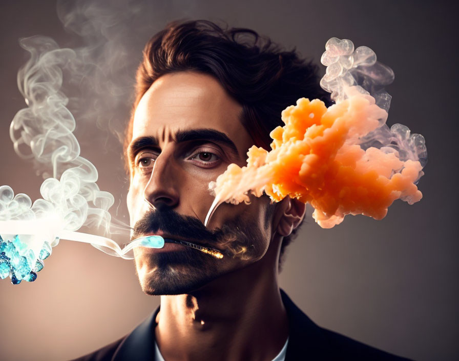 Mustachioed Man Exhales Orange Smoke with Blue Pipe Smoke