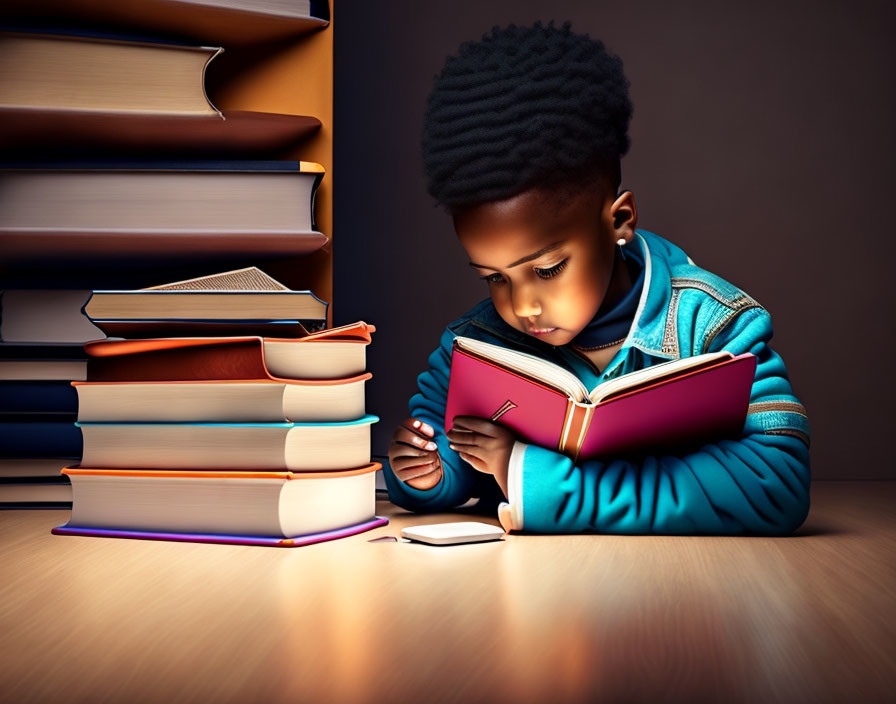 Child Reading Surrounded by Books and Soft Light