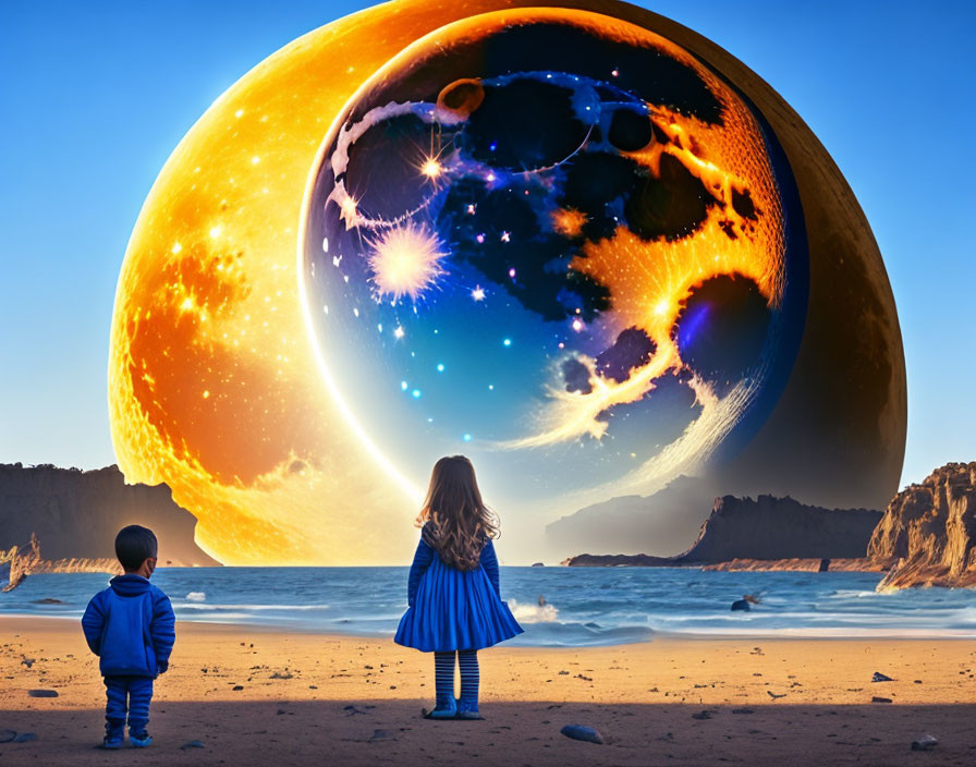 Children on beach observe surreal planet in sky