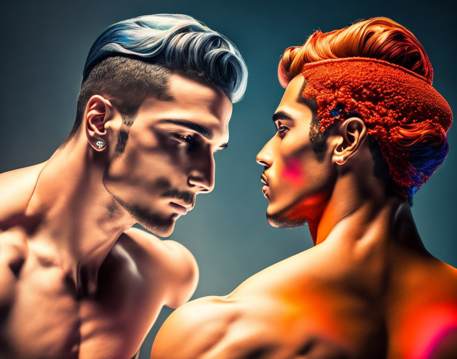 Two men with stylized hair and bold color highlights on a gradient background