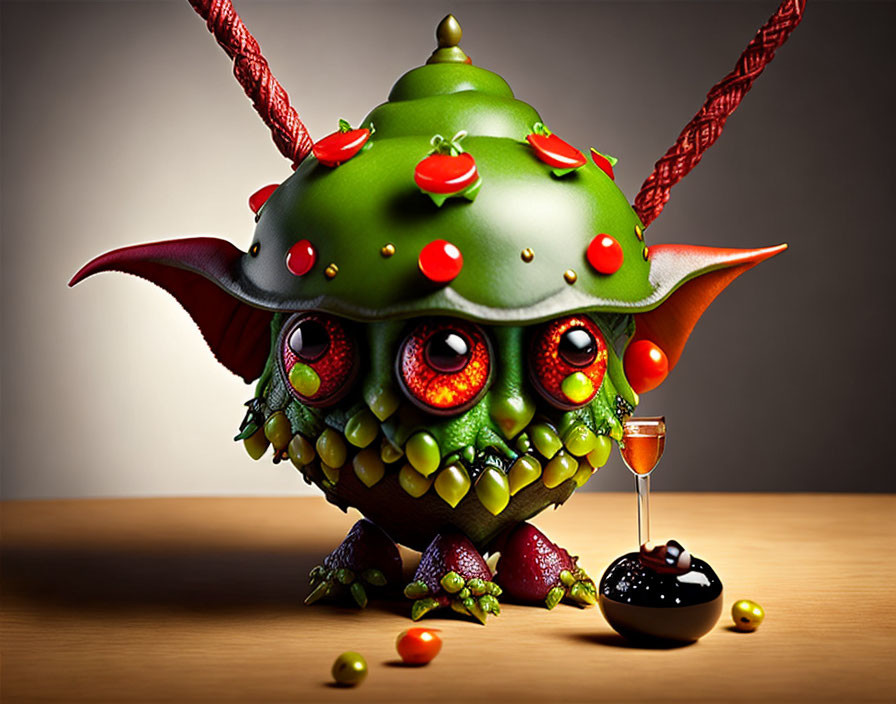 Green-skinned creature with elf-like ears, pot hat, and wine glass at table