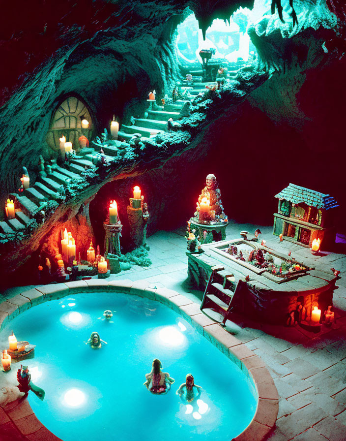 Miniature Fantasy Grotto with Pool, Figurines, and Candlelit Structures