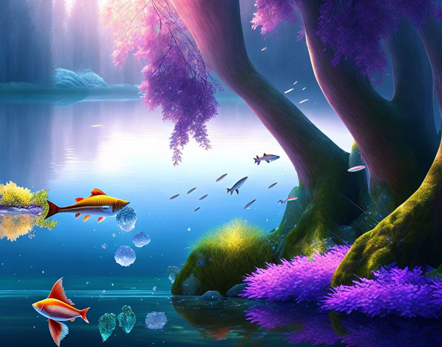 Vibrant underwater scene with colorful fish, purple foliage, bubbles, and soft rays.