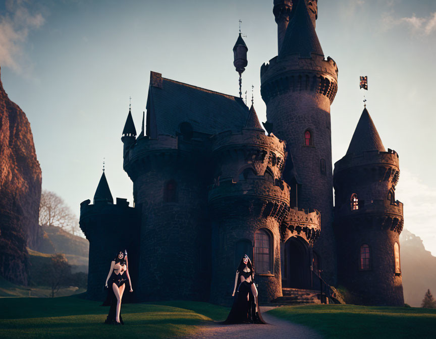 Fantasy castle at dusk with guards in black armor, rocky hills, soft sky