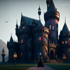 Fantasy castle at dusk with guards in black armor, rocky hills, soft sky