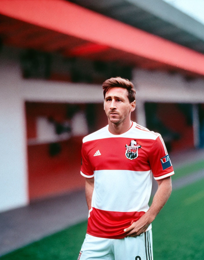 Soccer player in red and white jersey on field with stadium seating