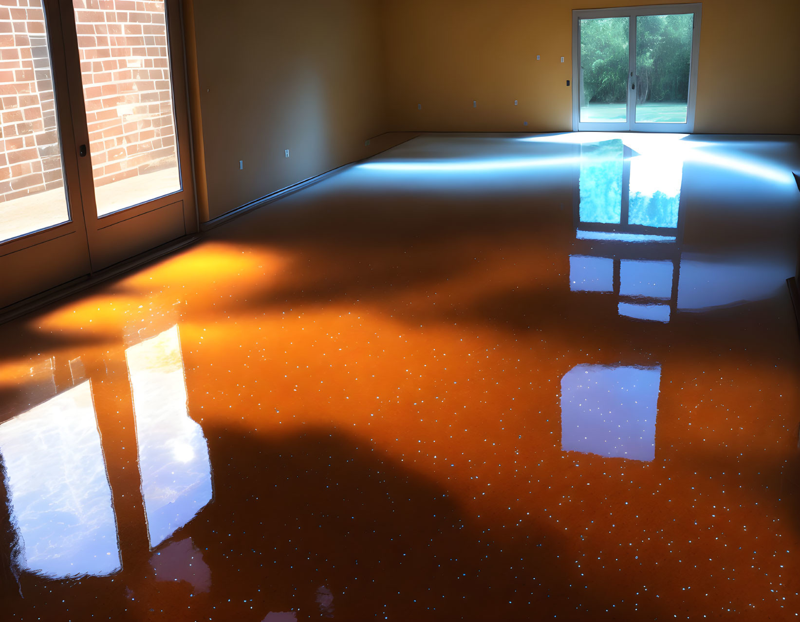 Bright Room with Shiny Orange Flooring and Large Windows