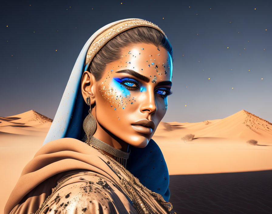 Digital Artwork: Woman with Blue Makeup in Desert Landscape