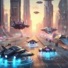 Futuristic cityscape: Sunset, skyscrapers, flying vehicles & lights