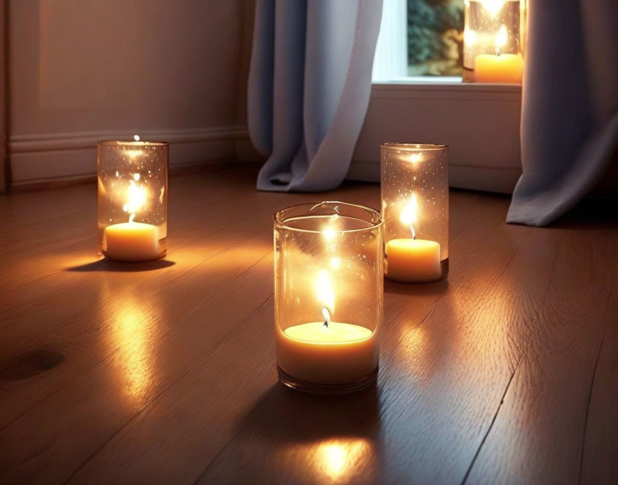 Warm Glow of Candles on Wooden Floor by Window with Sheer Curtains