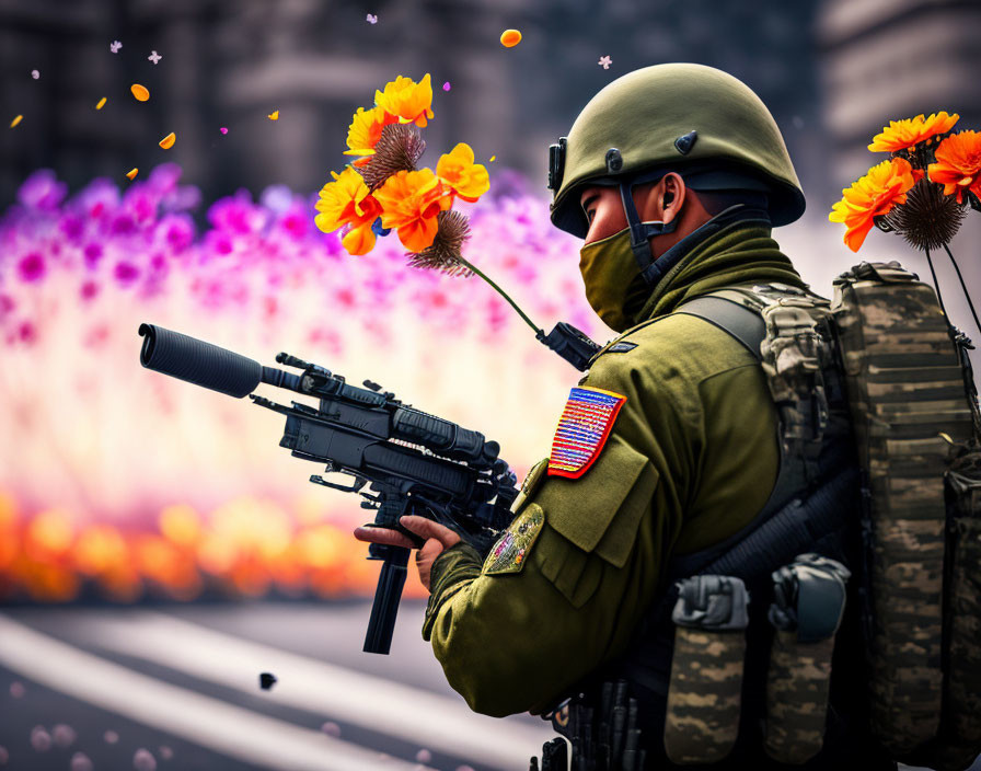 Military soldier with rifle in vibrant flower field