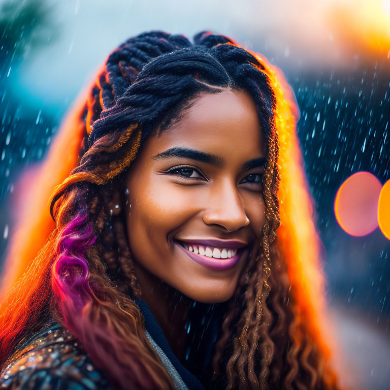 Colorful braided hair woman with bright smile in rain and warm bokeh lights