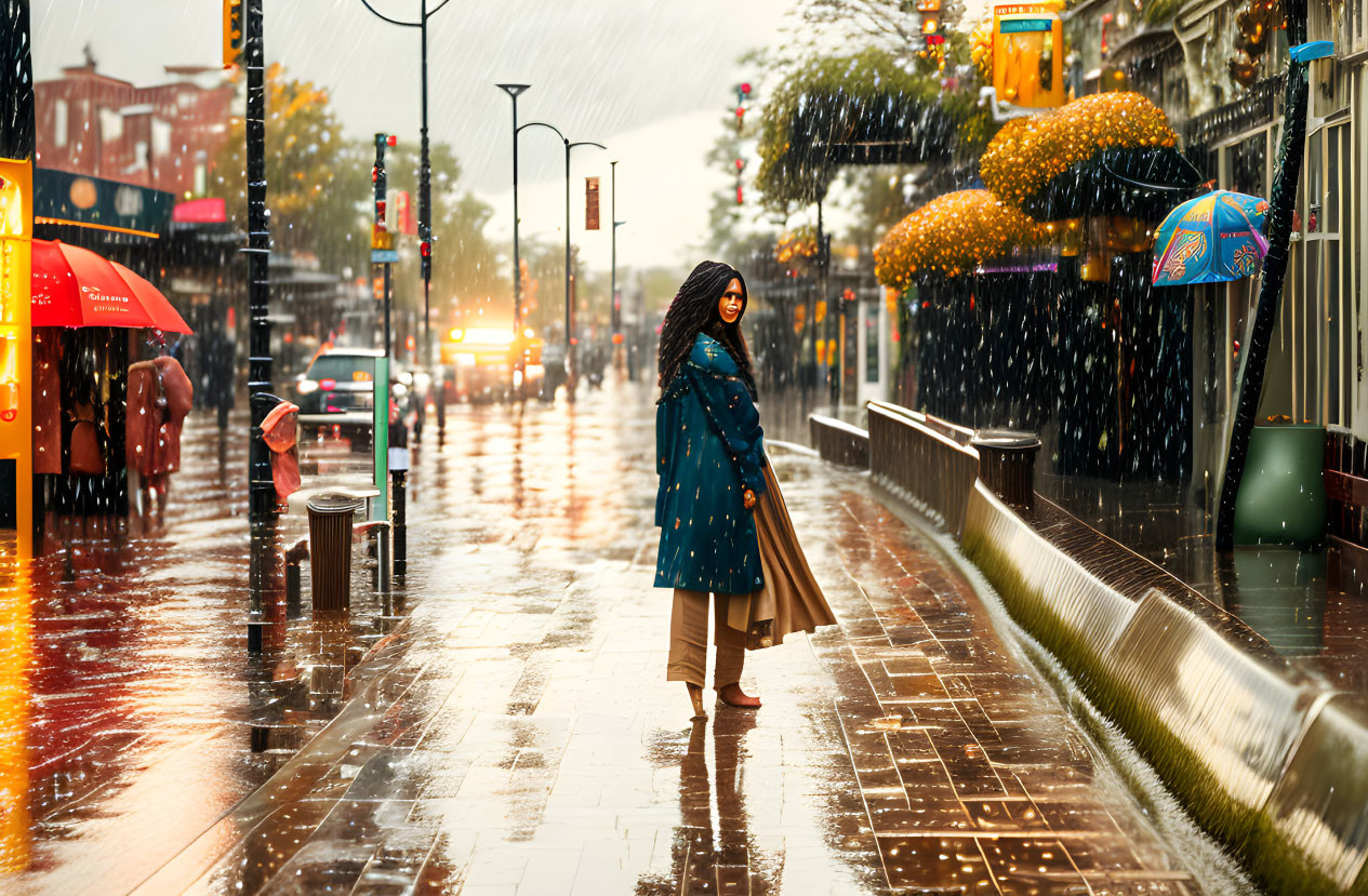 Person in Blue Raincoat on Wet Street During Rainy Day with Umbrella Passersby