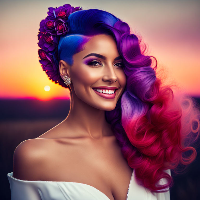 Colorful Rainbow Hair Woman Illustration at Sunset