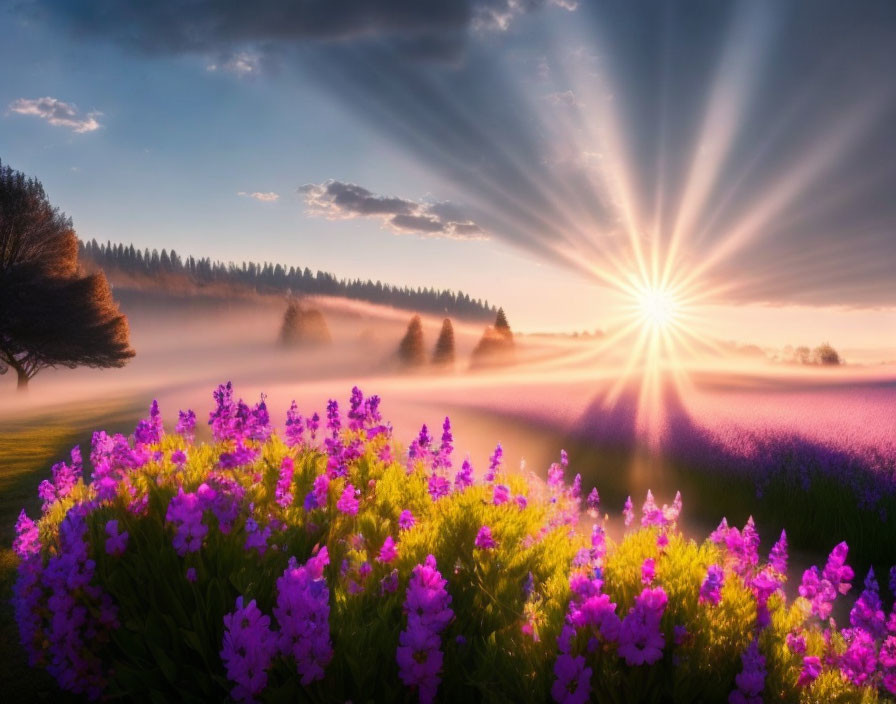 Majestic sunrise over purple flower field and misty trees