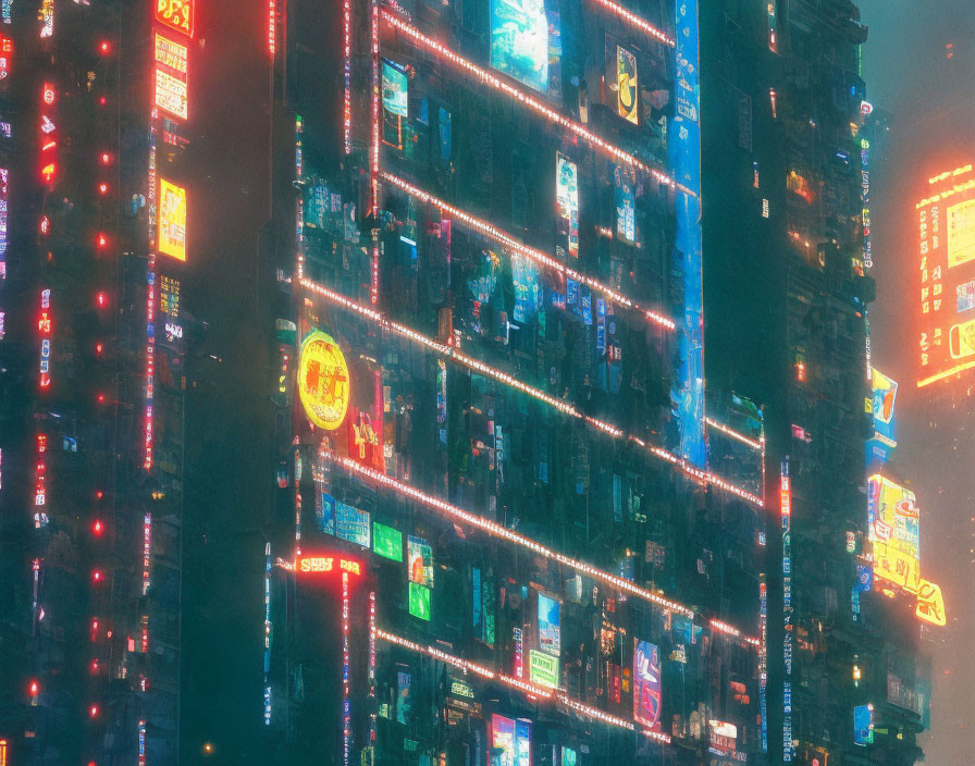 Vibrant urban nightscape with neon-lit high-rise buildings