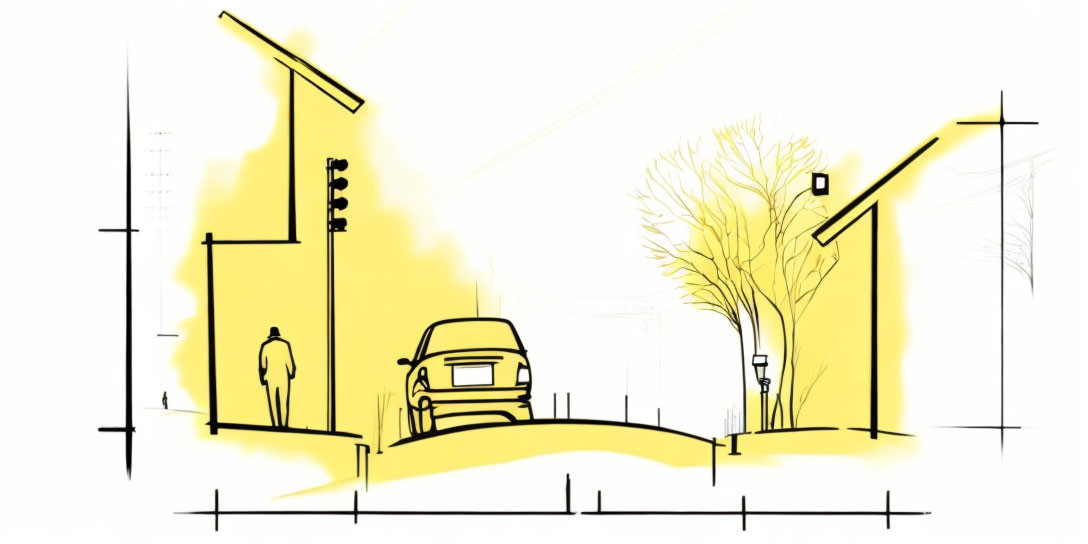 Monochrome street scene sketch: buildings, car, pedestrian, tree, streetlamp in yellow lines on