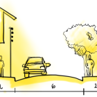 Monochrome street scene sketch: buildings, car, pedestrian, tree, streetlamp in yellow lines on