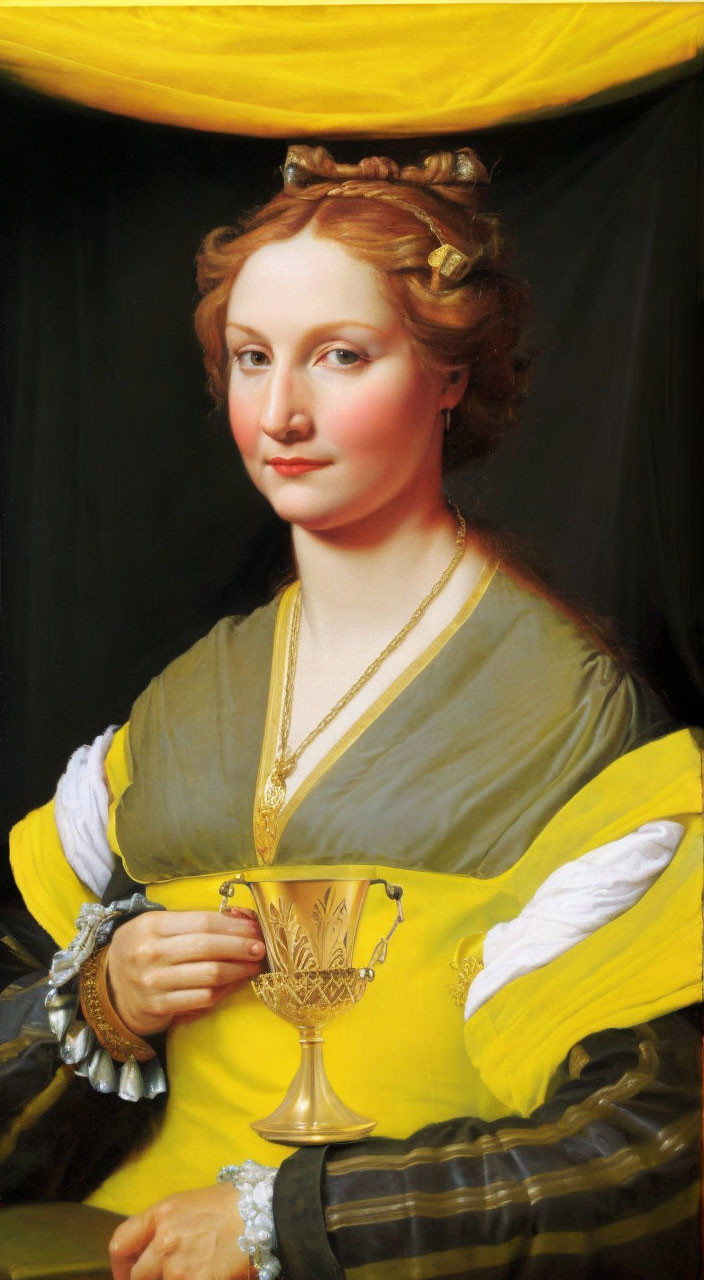 Woman with Curly Hair in Yellow Dress and Gold Necklace Holding Goblet