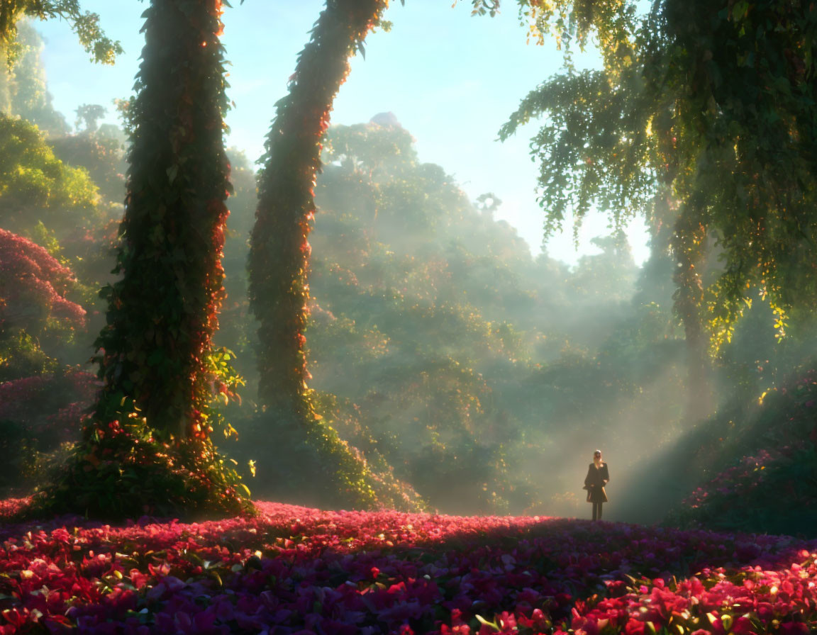 Lone figure in lush forest with pink and red foliage, sunbeams.