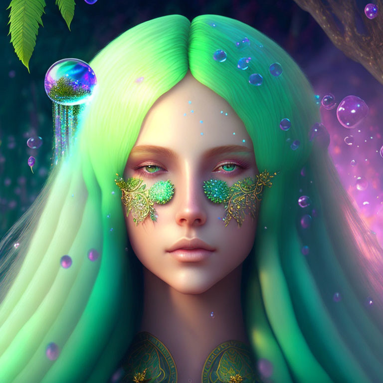 Female digital art portrait with green hair, leafy eye accessories, and mystical purple backdrop.