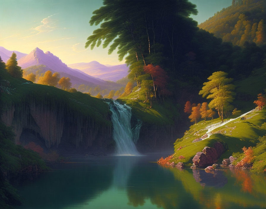 Tranquil landscape with waterfall, lake, and lush trees