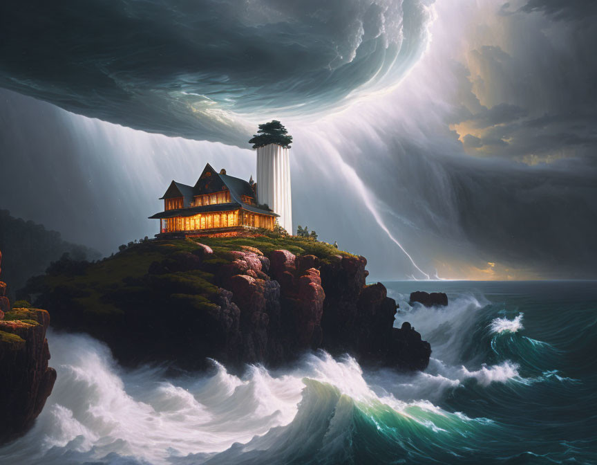 Surreal landscape: house on cliff, turbulent seas, swirling clouds