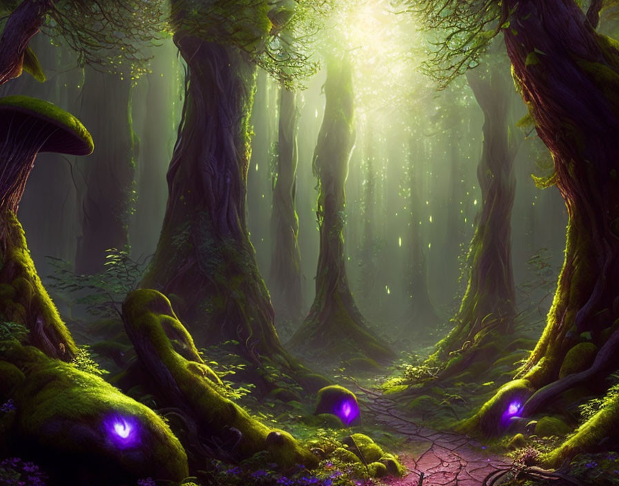 Mystical Enchanted Forest with Glowing Path & Giant Mushroom