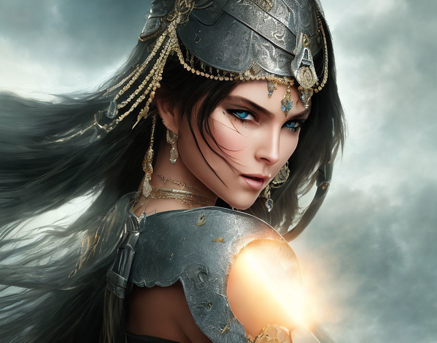 Digital artwork: Woman in ornate armor with blue eyes and mystical energy.