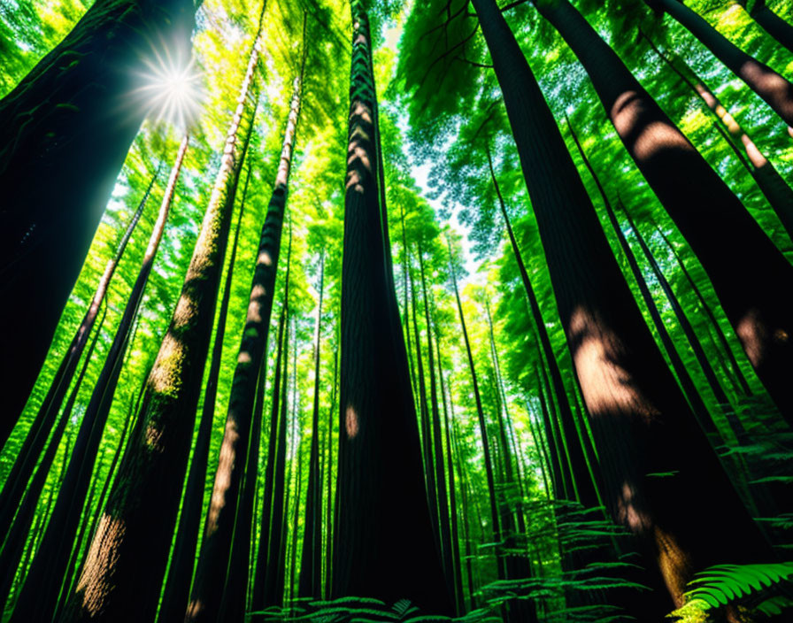 Serene forest scene with tall trees and sunlight filtering through dense foliage