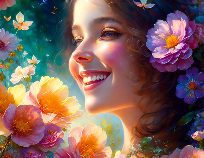 Colorful illustration: Smiling woman with flowers and butterflies