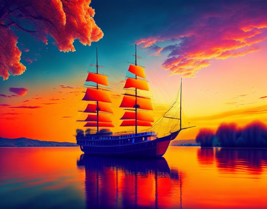 Digital art: Tall ship with red sails on calm waters at sunset