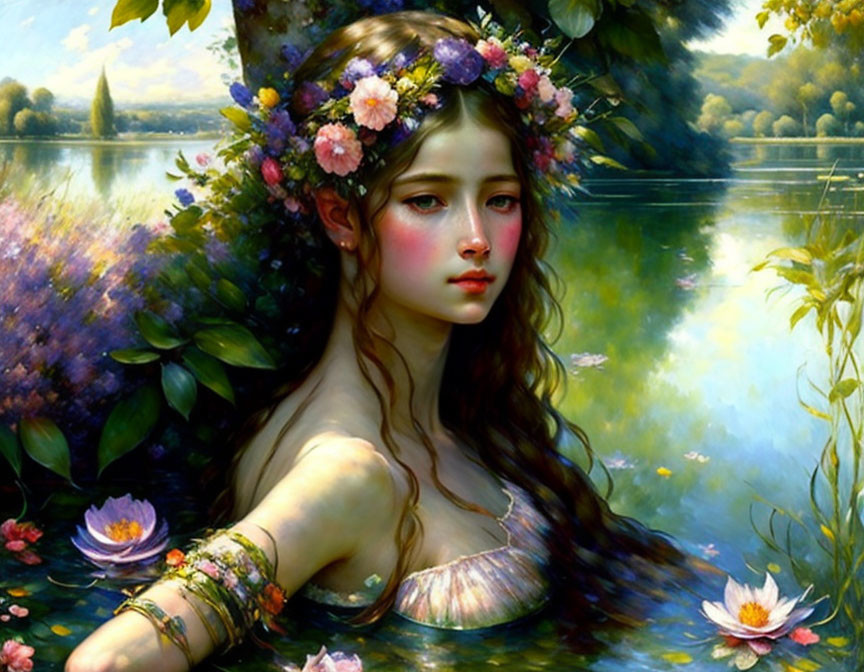 Tranquil painting of young woman by lake with floral wreath