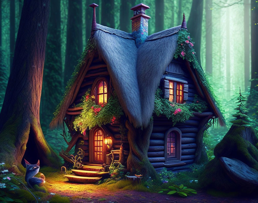 Thatched Roof Cabin in Enchanted Forest with Glowing Windows