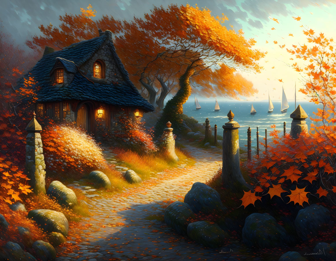 Tranquil autumn landscape with cottage, cobblestone path, sailboats, and golden sunset