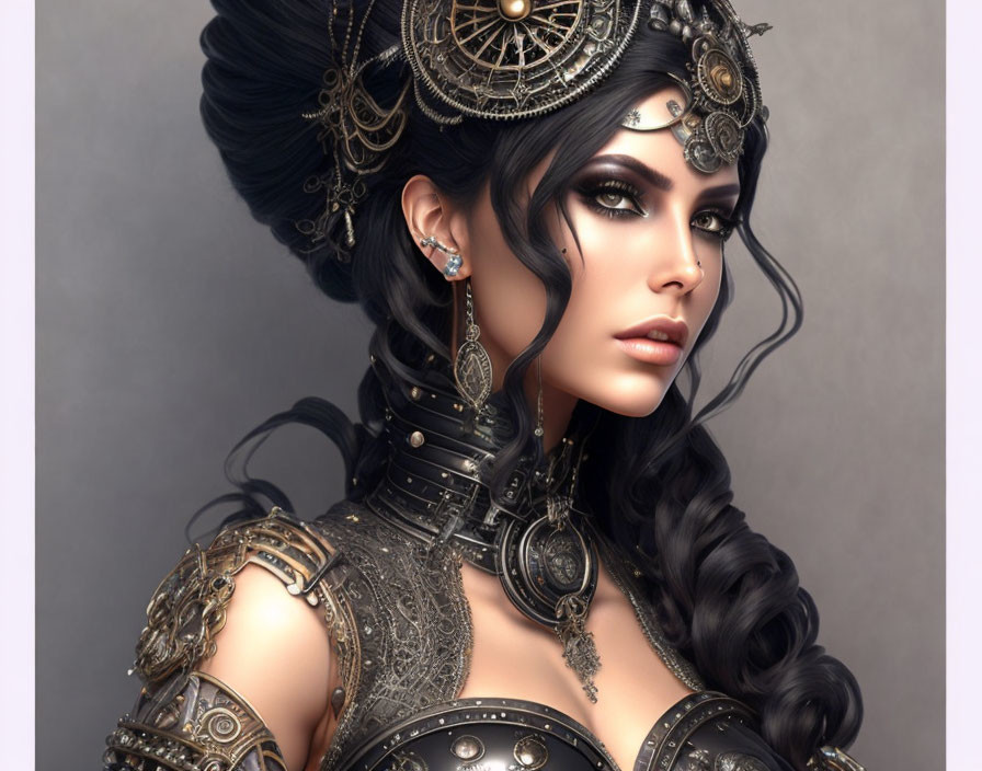 Intricate Steampunk-Style Woman with Mechanical Elements