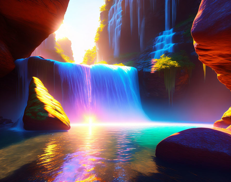 Serene waterfall at sunset in canyon landscape