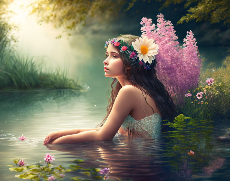 Woman with floral crown gazing in serene water