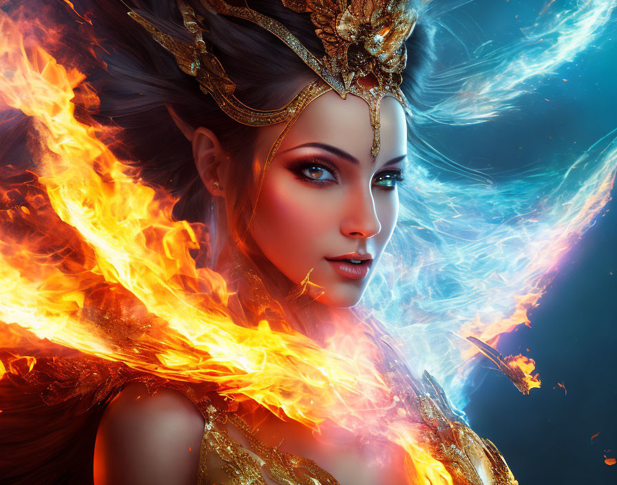 Digital artwork: Woman with elaborate crown, flames, and glowing energy - mystical fantasy theme