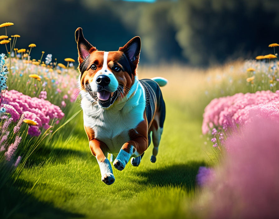 Happy dog running in sunny meadow with purple & yellow flowers