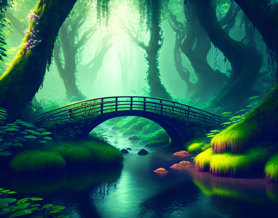 Arched wooden bridge over tranquil stream in mystical forest