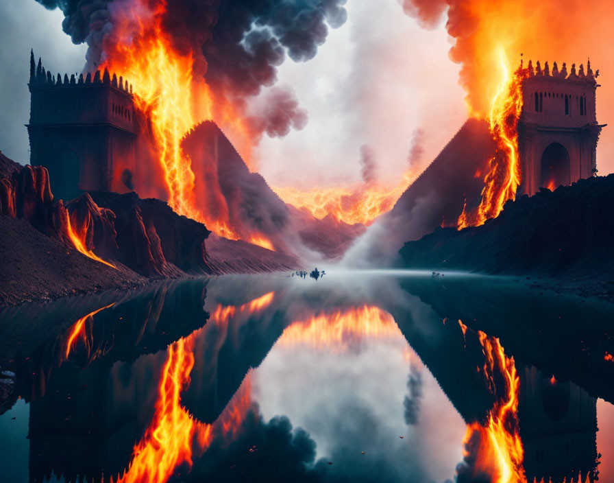 Fantastical river scene with fiery landscape reflection.