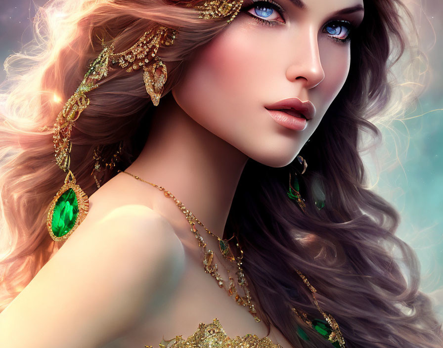 Woman with Blue Eyes, Green Gemstone Jewelry, and Golden Headpiece on Soft Background