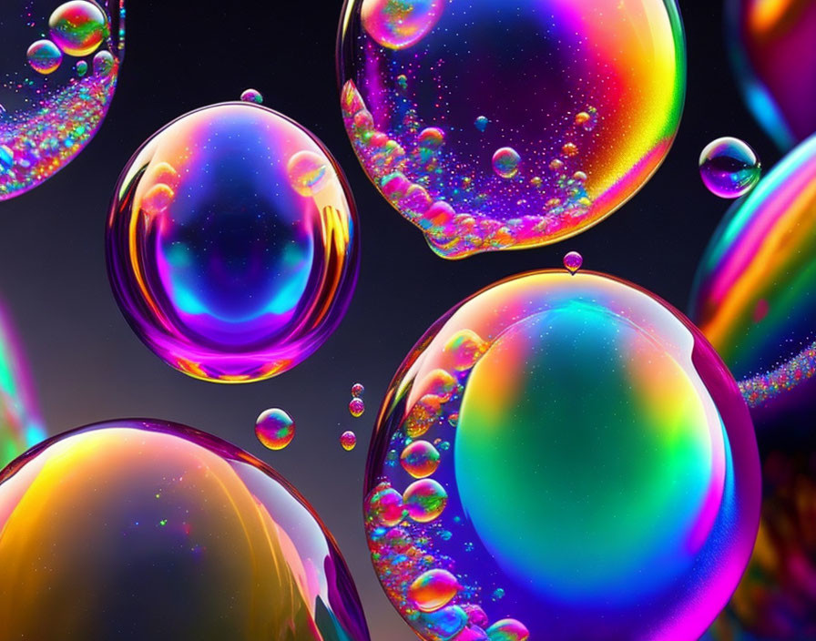 Colorful Floating Bubbles on Dark Background with Reflections