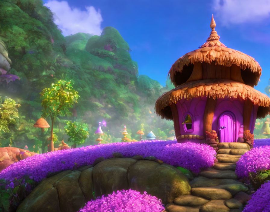 Fantasy thatched cottage with purple door in magical forest