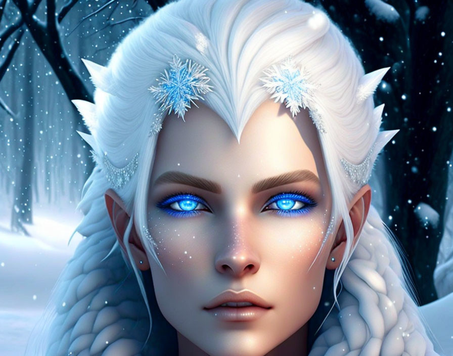 Fantasy character digital illustration with blue eyes, white hair, snowflake elements